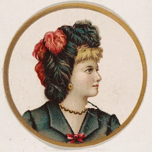 Woman wearing hat with black and red feathers, from the Novelties series (N228, Type 2) issued by Kinney Bros. — Kinney Brothers Tobacco Company