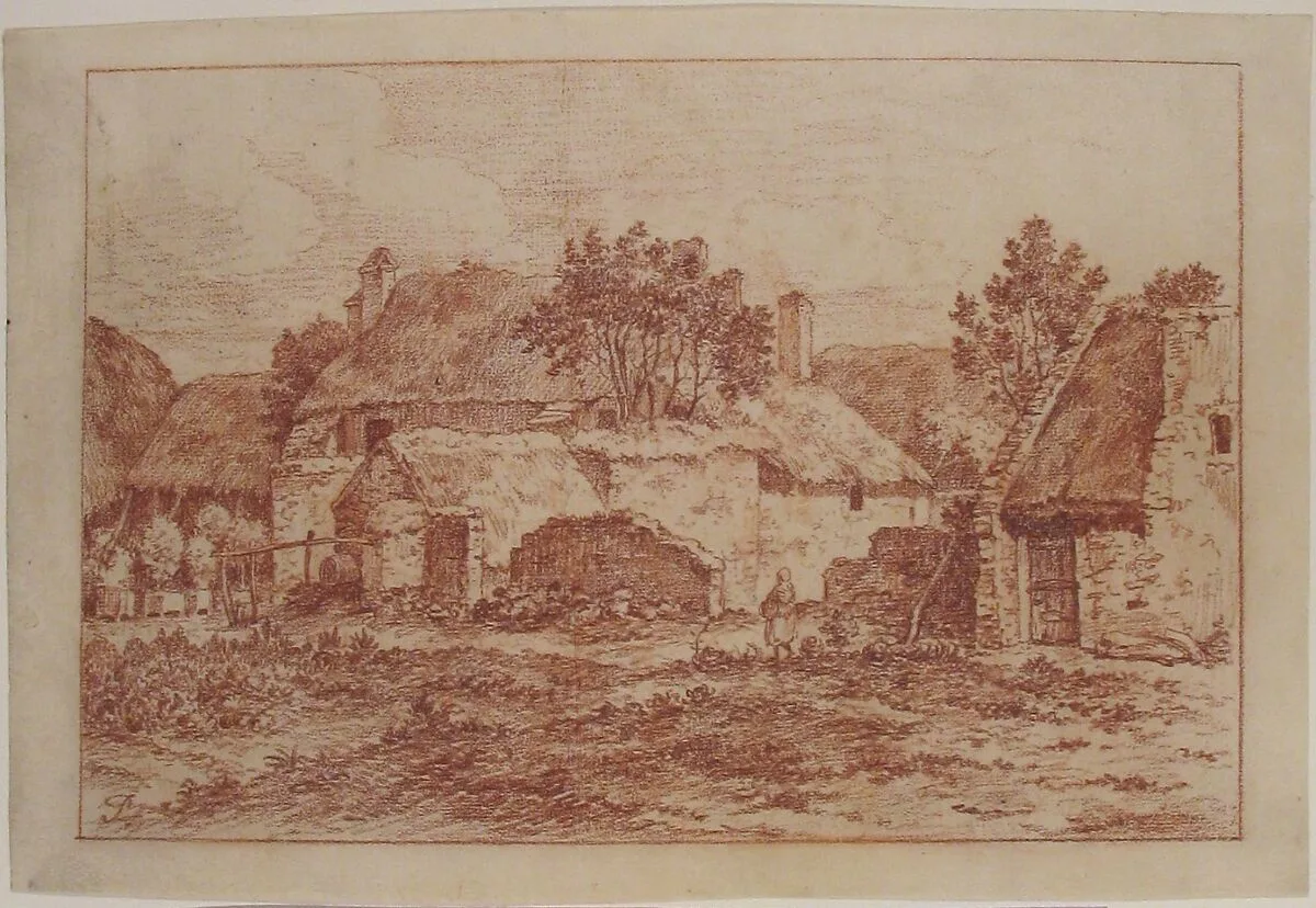 Landscape With a Farmyard, Thatched-Roofed Buildings and a Peasant Woman — Pierre Adrien Pâris|Anonymous, French, 18th century