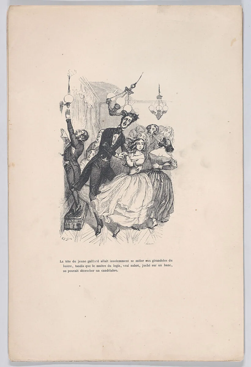 "The head of the young fellow insolently mingled with the candlesticks of the chandelier." from the Little Miseries of Human Life — Brugnot|J. J. Grandville|Paul-Emile-Daurand Forgues|Henri Fournier