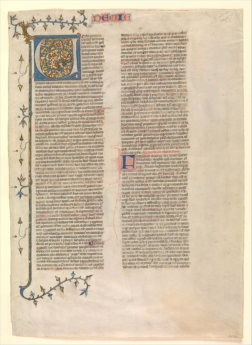 Initial "V" from the commentary of Nehemiah, one of six illustrated leaves from the Postilla Litteralis (Literal Commentary) of Nicholas of Lyra — Unknown