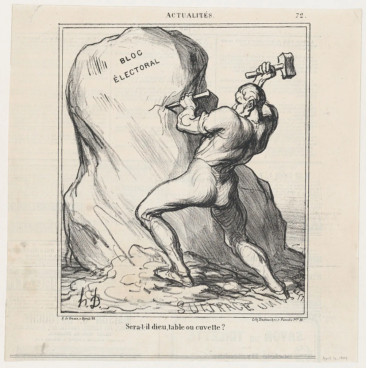 Will he be God, a table, or a basin?, from 'News of the day,' published in Le Charivari, April 12, 1869 — Destouches|Honoré Daumier|Arnaud de Vresse