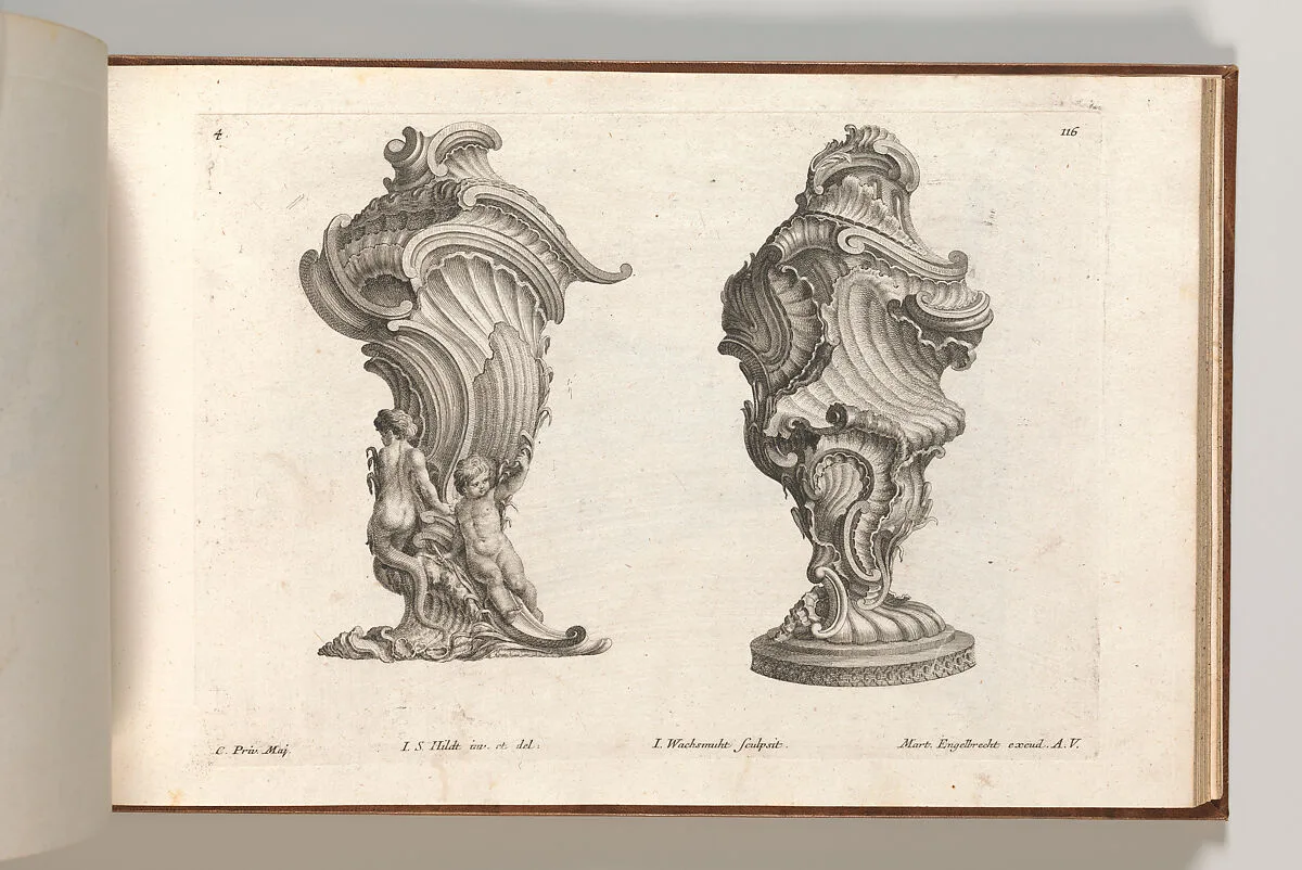 Designs for Two Lidded Vases, Plate 4 from: 'Schöne und auf die neueste Facon inventierte Gefäße und Krüge' — I.S. Hildt|Jeremias Wachsmuth|Martin Engelbrecht
