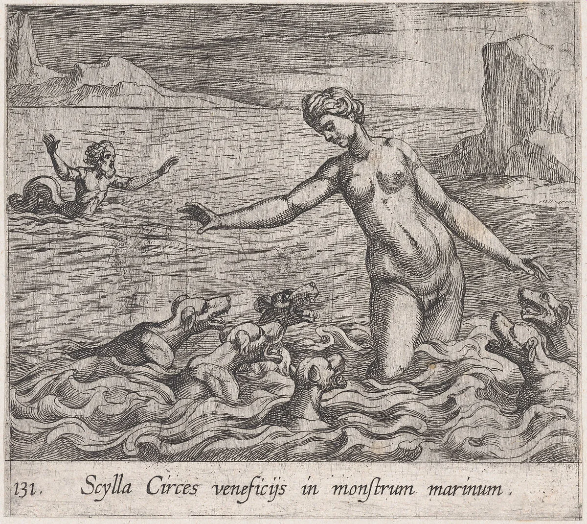 Plate 131: Scylla Changed by Circe's Spell (Scylla Circes veneficÿs in monstrum marinum), from Ovid's 'Metamorphoses' — Antonio Tempesta