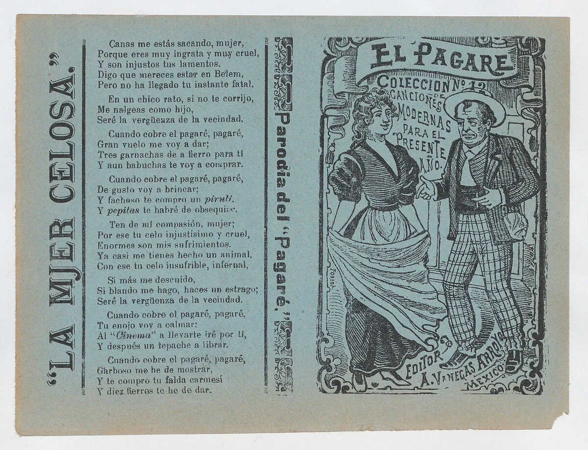 Cover for 'El Pagare', a man holding a cigarette and gesturing to a woman holding a shawl — Antonio Vanegas Arroyo|José Guadalupe Posada