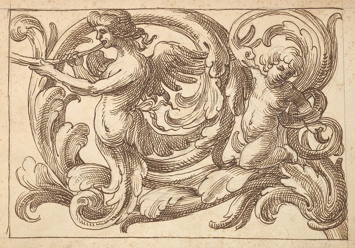 Horizontal Panel Design with a Male Figure, a Putto and a Snake Interspersed between Acanthus Rinceaux — Polifilo Giancarli|Anonymous, Italian, Venetian, 17th century