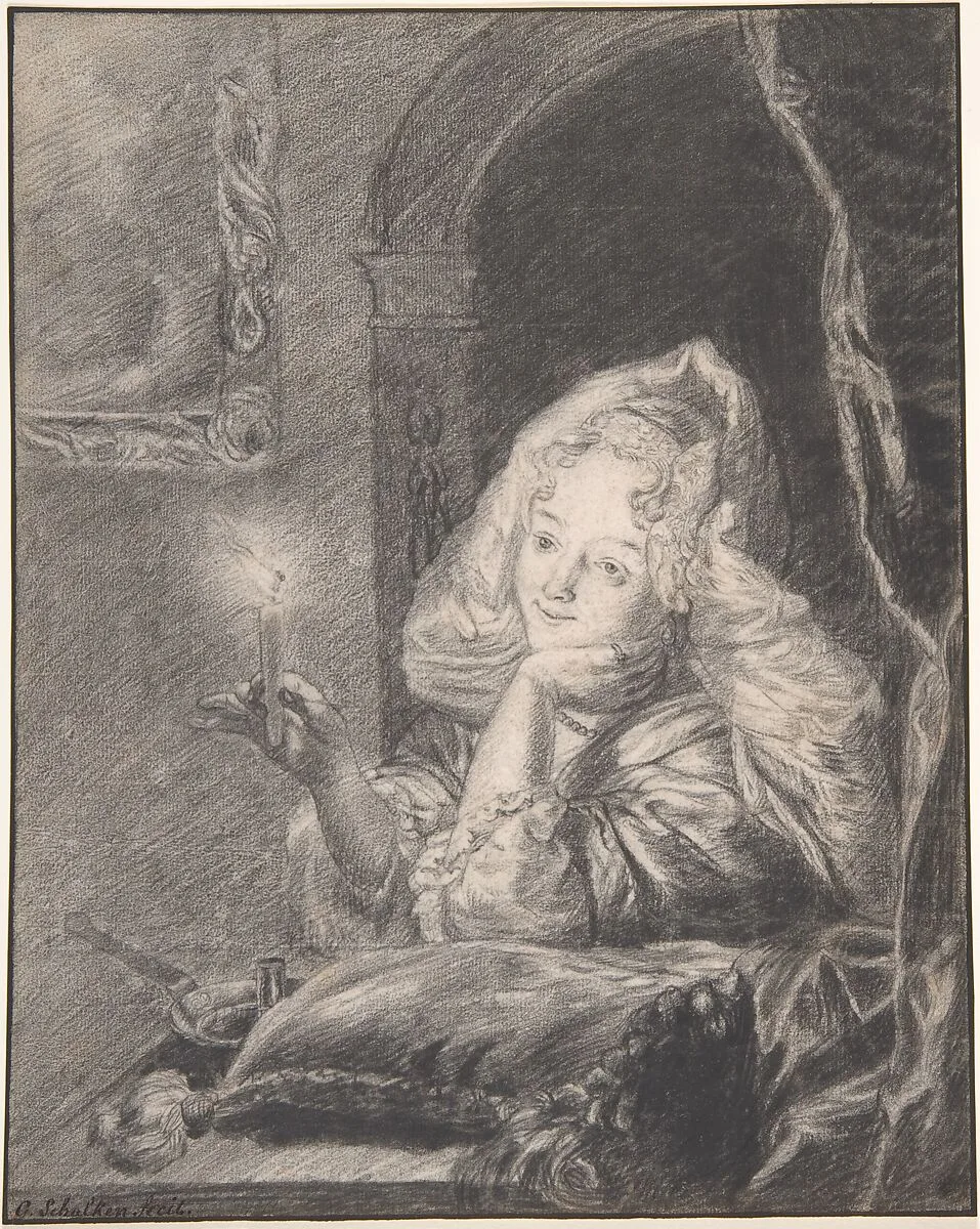 Young Woman Seated at a Table, Holding a Candle — Godfried Schalcken