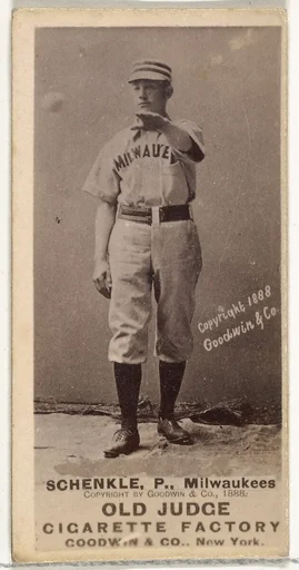 William Shenkel, Pitcher, Milwaukee, from the Old Judge series (N172) for Old Judge Cigarettes