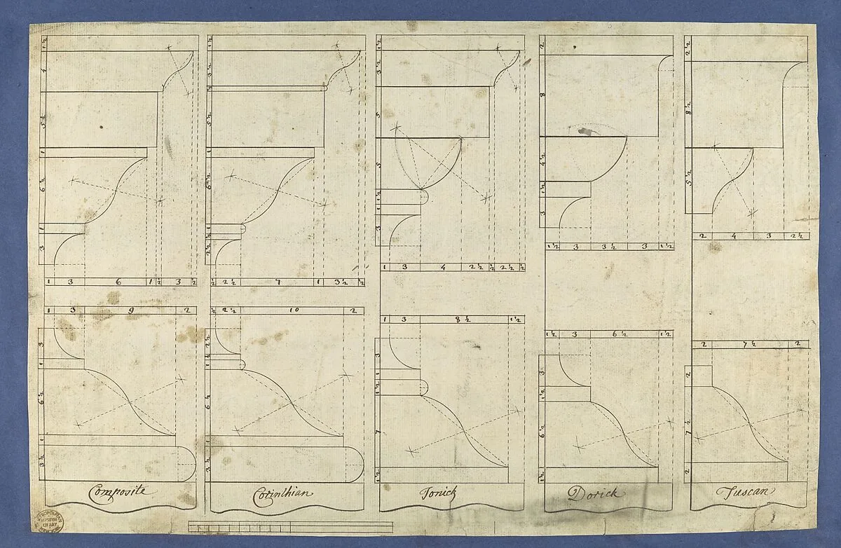 Bases and Caps of the Pedestals of Each Order, in Chippendale Drawings, Vol. I — Thomas Chippendale