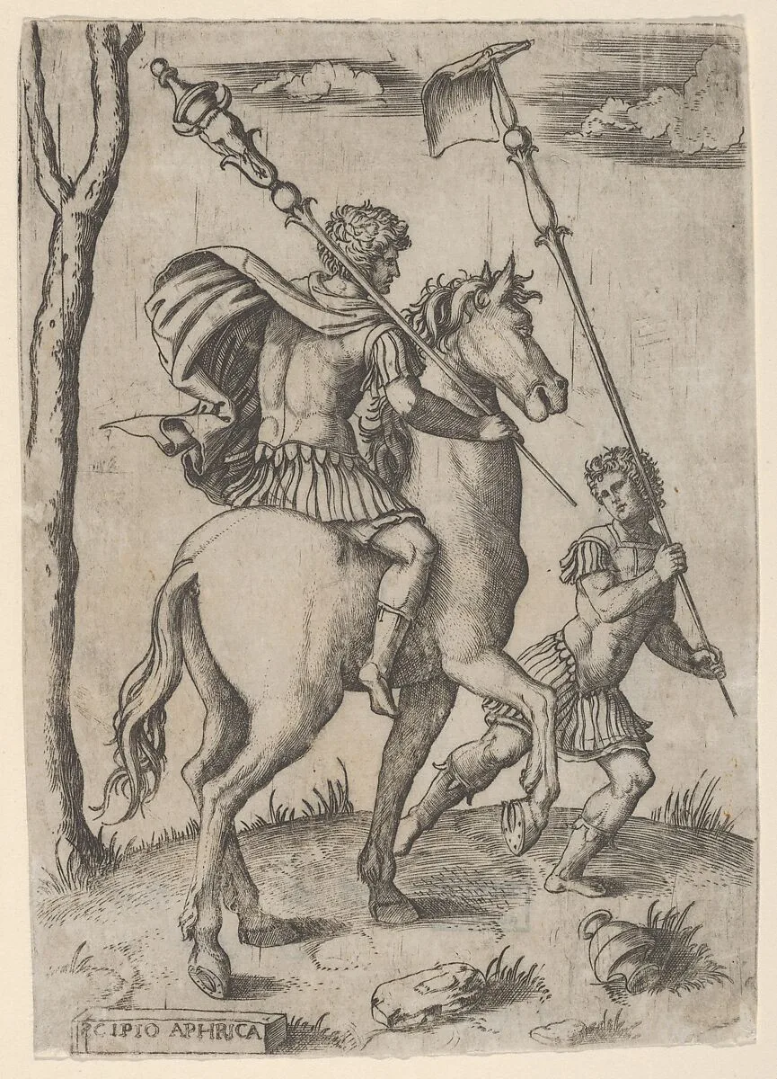 Scipio Africanus on horseback preceeded by a foot soldier holding a standard — Marcantonio Raimondi
