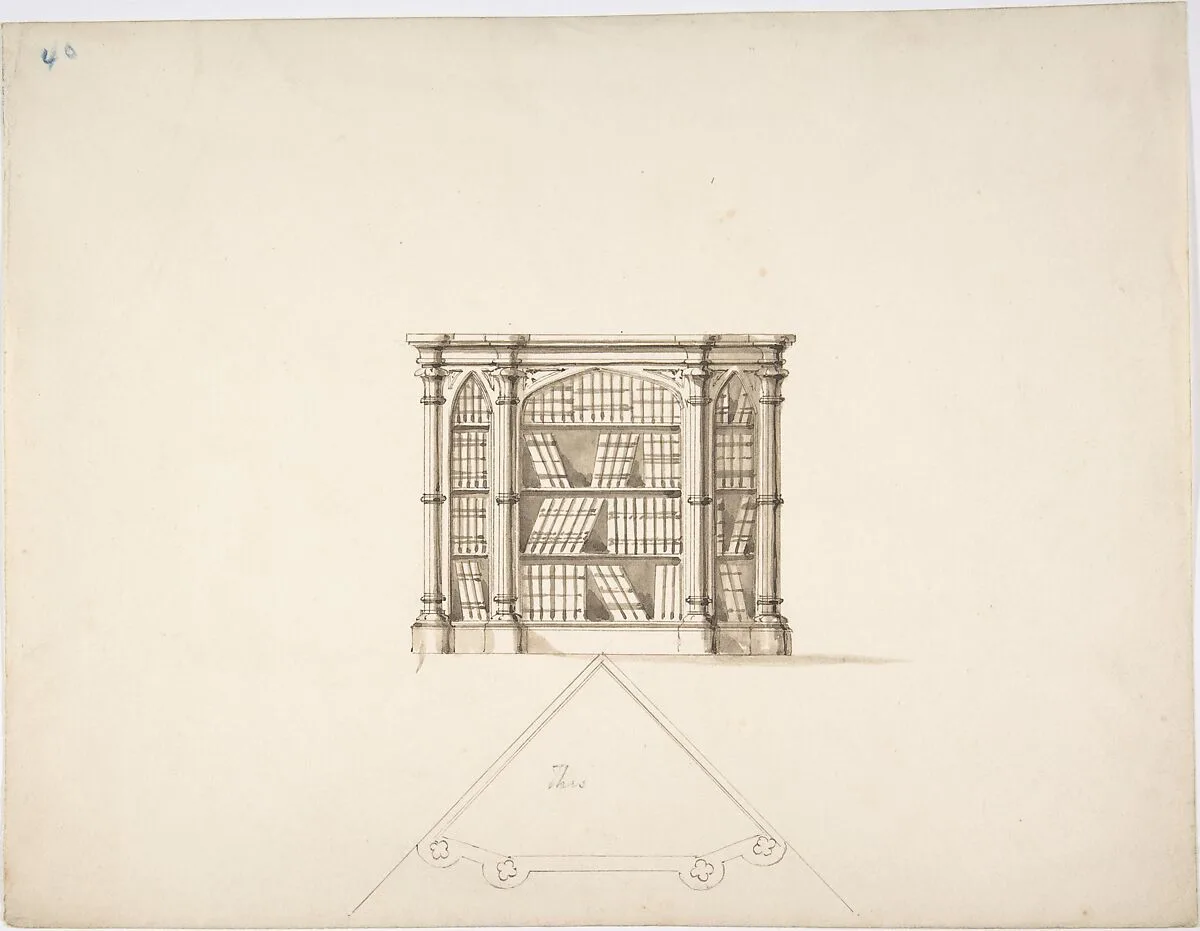 Design for a Gothic Style Corner Book Cabinet: Elevation and Plan — Anonymous, British, 19th century