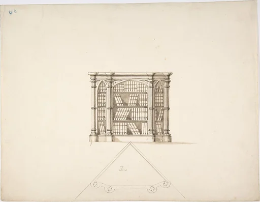 Design for a Gothic Style Corner Book Cabinet: Elevation and Plan