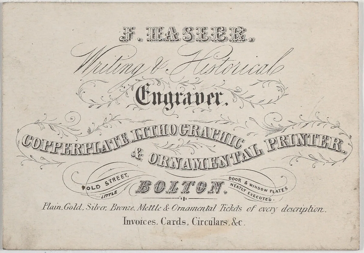 Trade Card for J. Hasler, Writing & Historical Engraver — Anonymous, British, 19th century