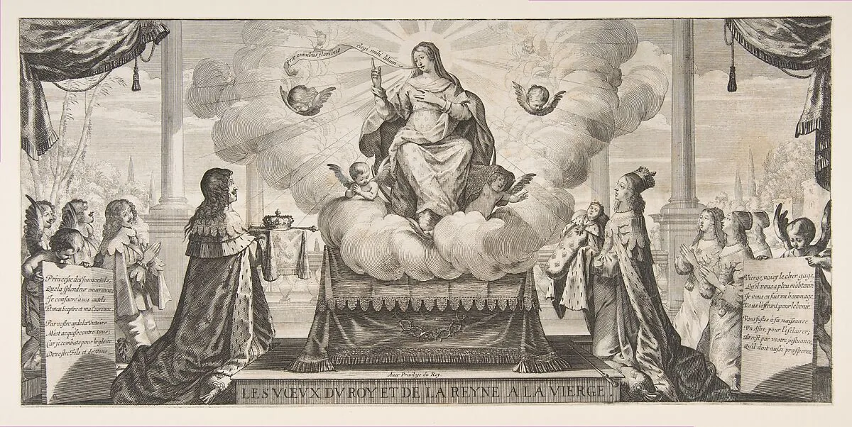 Almanach for 1639: Louis XIII and Anne of Austria Entrusting the Kingdom and the Prince under the Protection of the Virgin — Abraham Bosse