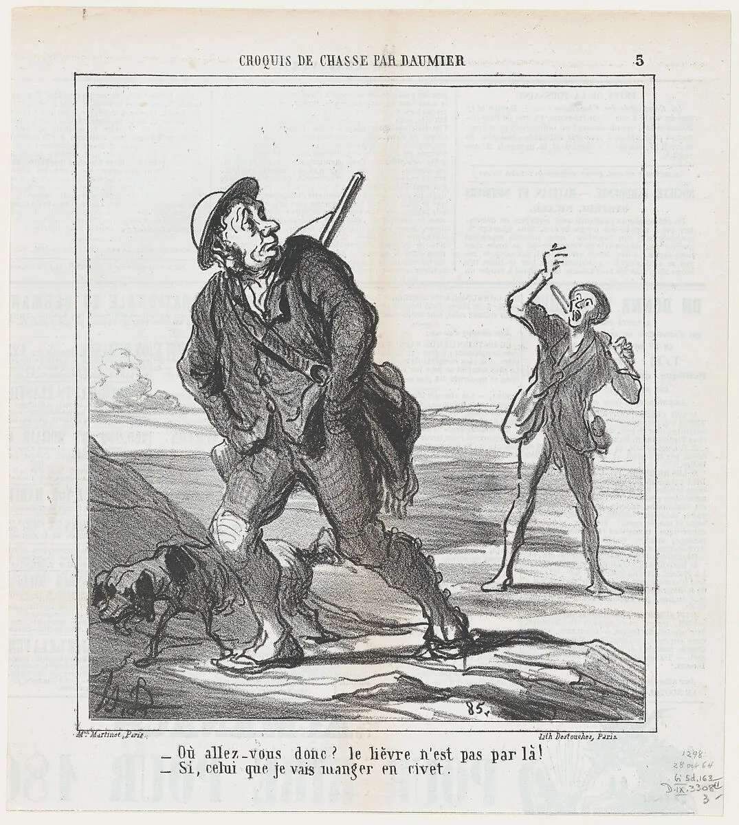 But where are you going? The hare is not in that direction!, from 'Hunting sketches,' published in Le Charivari, October 28, 1864 — Honoré Daumier|Aaron Martinet|Destouches