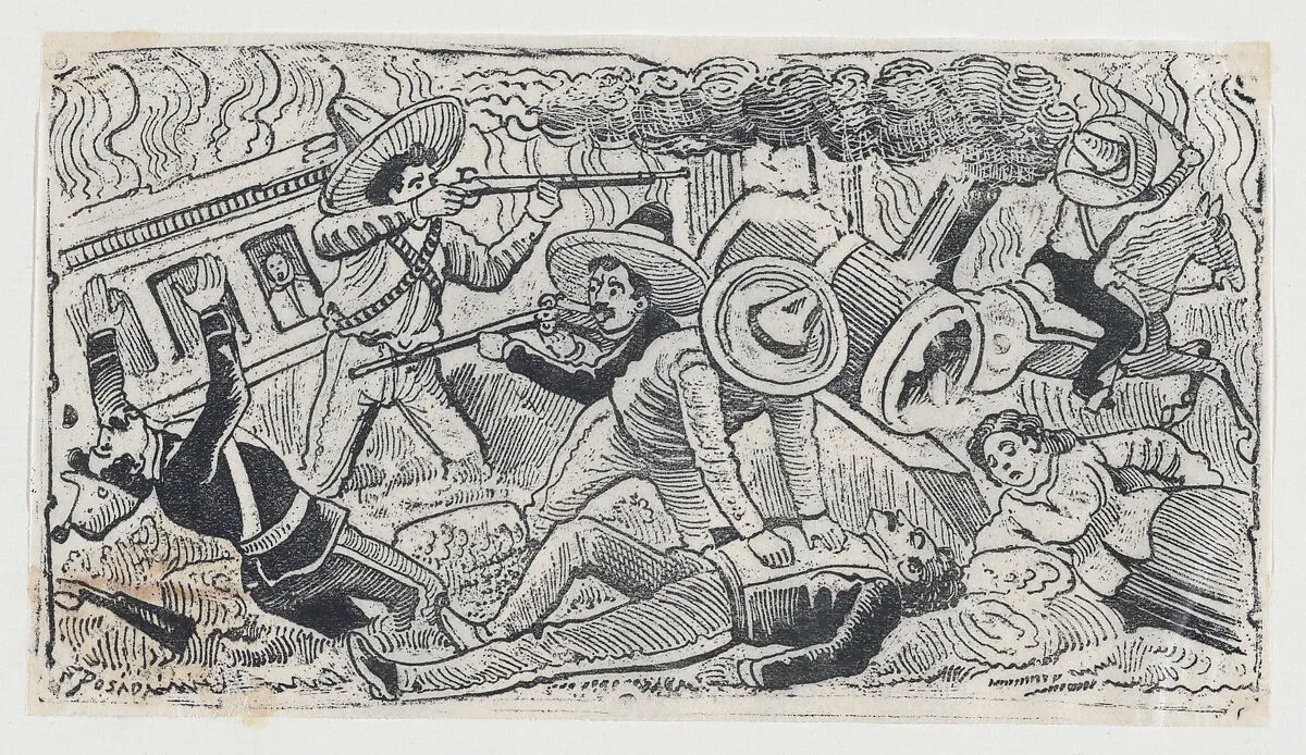 Emiliano Zapata's supporters attacking a train, scene from the Mexican Revolution — José Guadalupe Posada