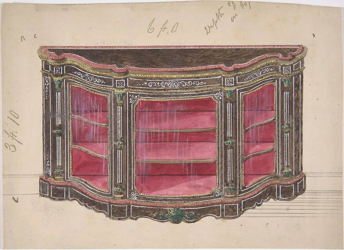Design for a Glass Fronted Cabinet with Red Interior — Anonymous, British, 19th century