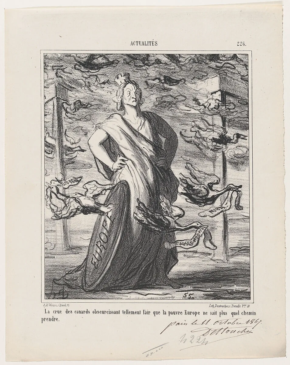The cloud of ducks obscures the sky so much that poor Europe does not know what road to take, from 'News of the day,' published in Le Charivari, October 22, 1867 — Destouches|Honoré Daumier|Arnaud de Vresse
