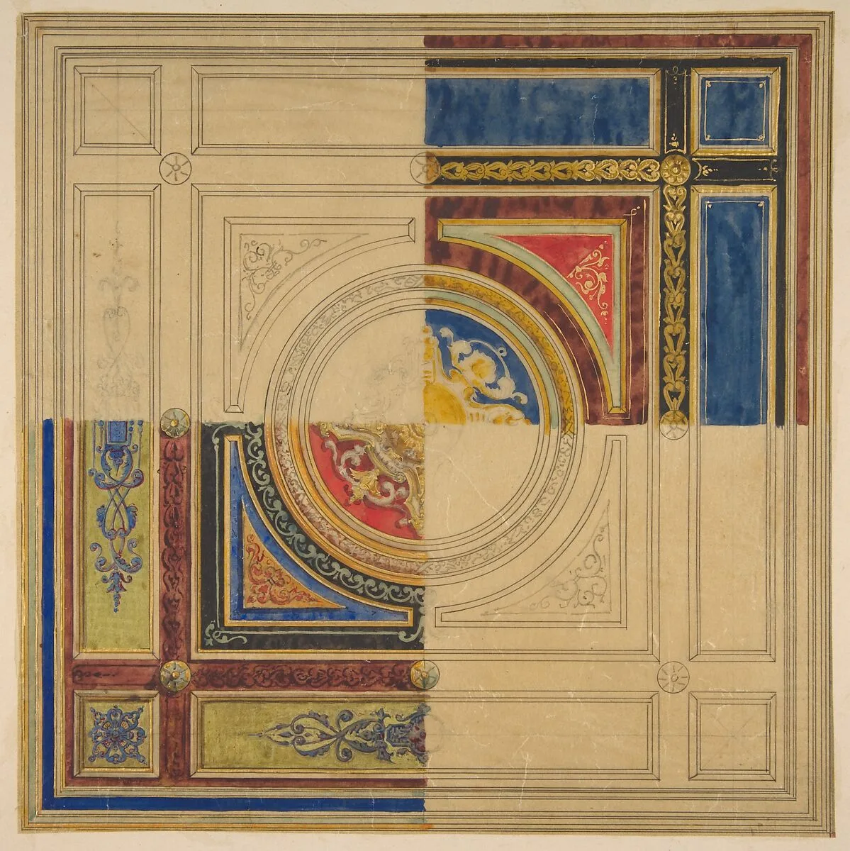 Design for a paneled ceiling with alternative decorations — Jules-Edmond-Charles Lachaise|Eugène-Pierre Gourdet