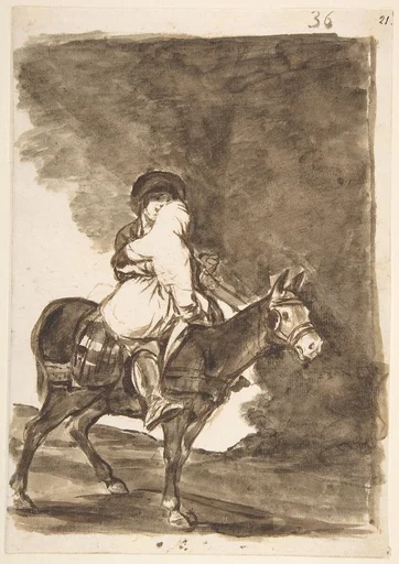 A man and a woman riding a mule; page 36 from the 'Images of Spain' album (F)