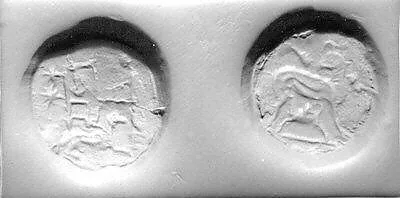 Stamp seal (bifacial disk) with cultic scene and monsters — Unknown