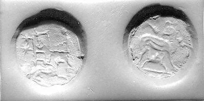 Stamp seal (bifacial disk) with cultic scene and monsters