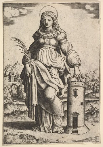 Saint Barbara standing, palm in her right hand, resting her left hand on a tower