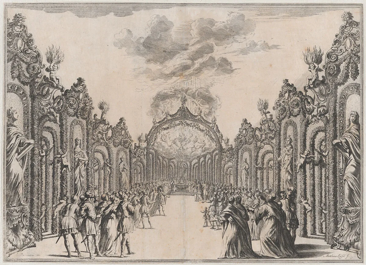 A sacrifice to the Olympian gods taking place at the end of a path lined with statues and foliage; set design from 'Il Fuoco Eterno' — Ludovico Ottaviano Burnacini|Mathäus Küsel