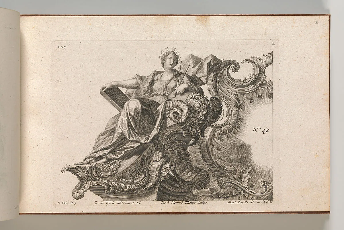 Design for a Rocaille Cartouche with the Figure of Prudentia, Plate 1 from an untitled series with architectural cartouches and allegorical figures — Jacob Gottlieb Thelot|Jeremias Wachsmuth|Martin Engelbrecht