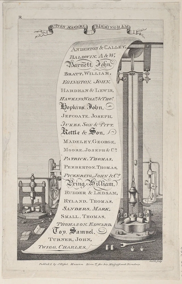 Trade Card for Button Makers, Birmingham — Swinney and Hawkins|James Bisset|Anonymous, British, early 19th century