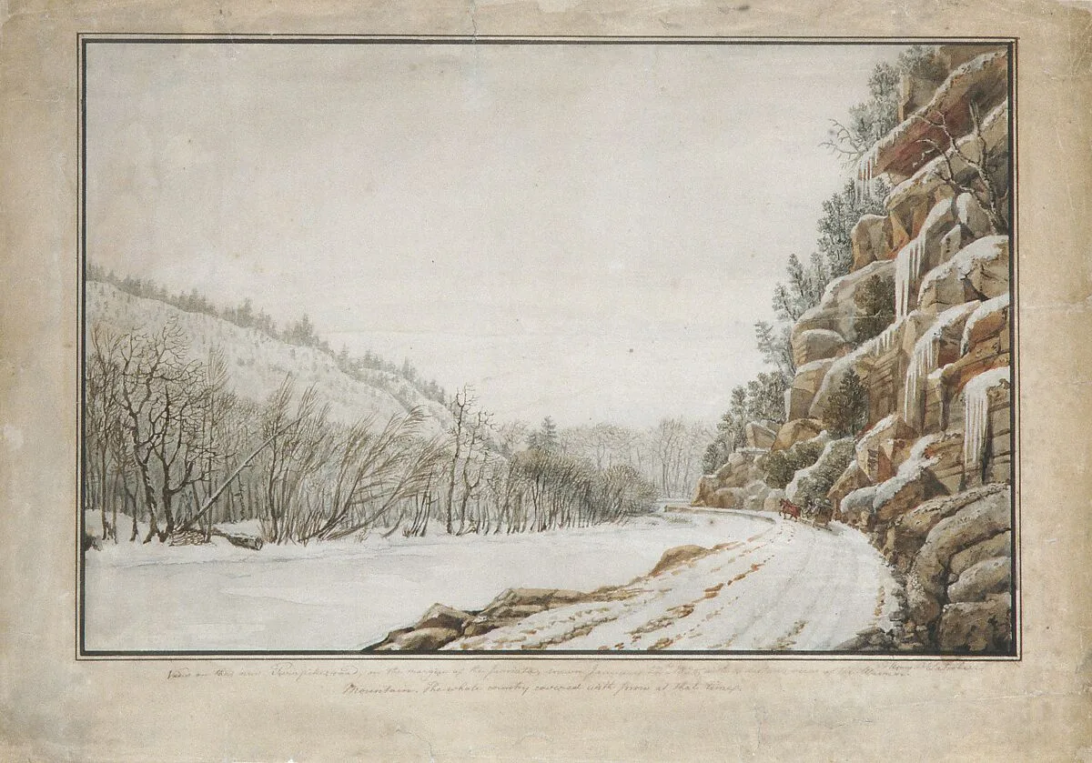 View on the New Turnpike Road, on the Margin of the Juniata, with a Distant View of the Warrior Mountain — Benjamin Henry Latrobe