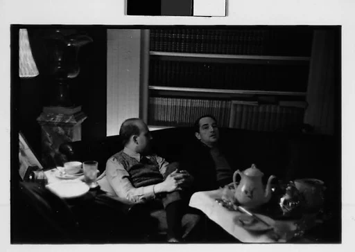 [Five 35mm Film Frames: Gifford Cochran and Unidentified Man in Library, Croton Falls, New York]