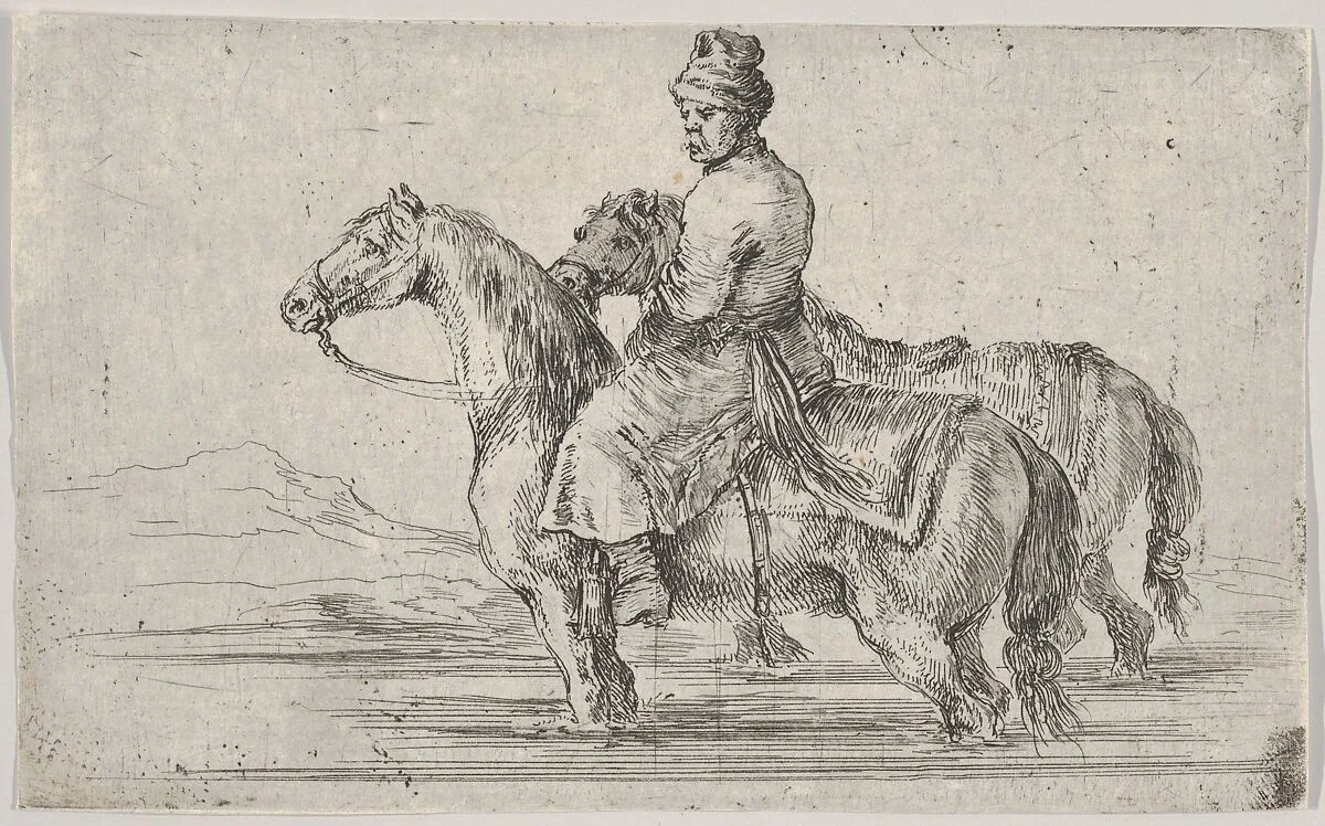 A valet taking two horses to bathe, sitting atop one horse in a river, the other beside him to right — Stefano della Bella