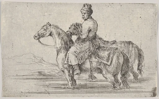 A valet taking two horses to bathe, sitting atop one horse in a river, the other beside him to right