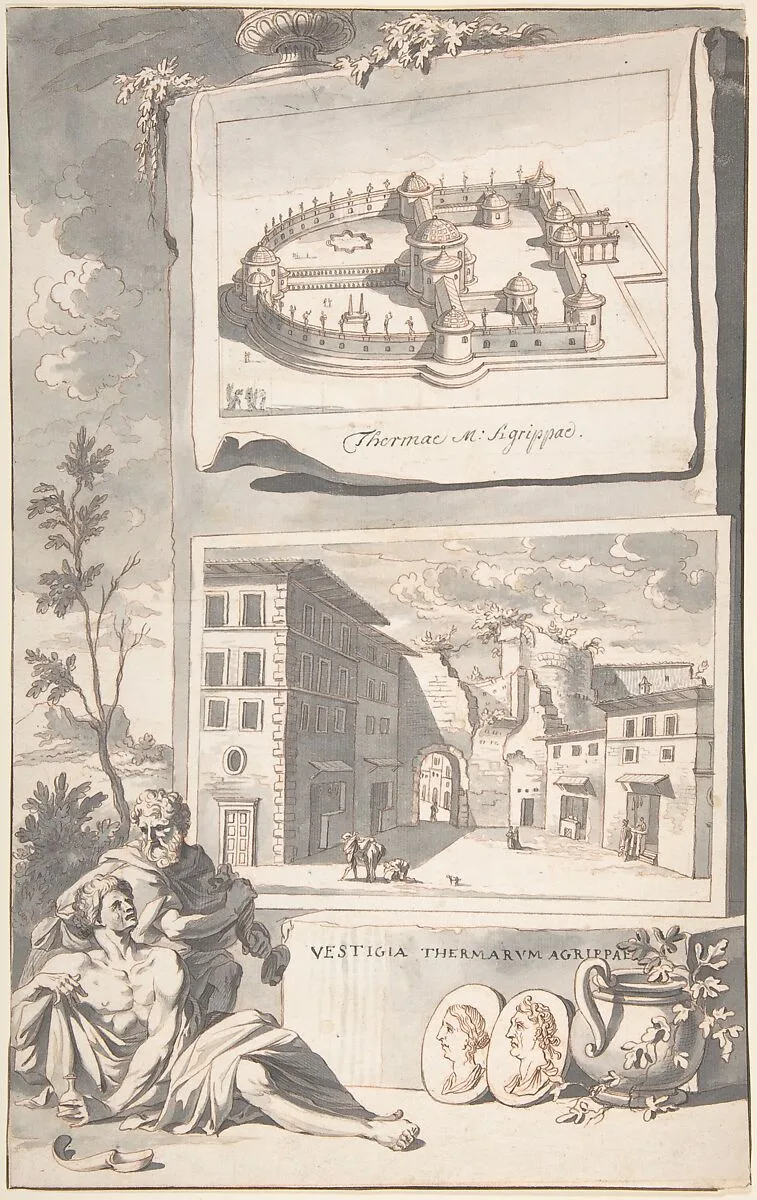 A Reconstruction of the Thermae Agrippae (above) and a View of the Ruins (below) — Jan Goeree
