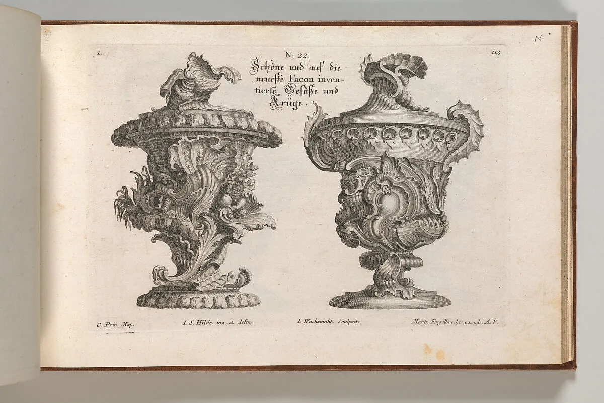 Designs for Two Lidded Vases, Plate 1 from: 'Schöne und auf die neueste Facon inventierte Gefäße und Krüge' — Jeremias Wachsmuth|I.S. Hildt|Martin Engelbrecht