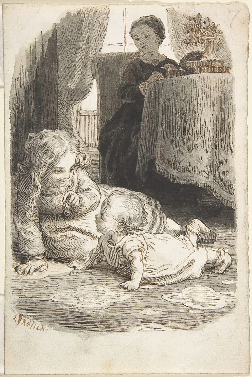 Mother Watching Over Two Young Children Playing (recto); Baby in a Bassinet (verso) — Lorenz Frølich