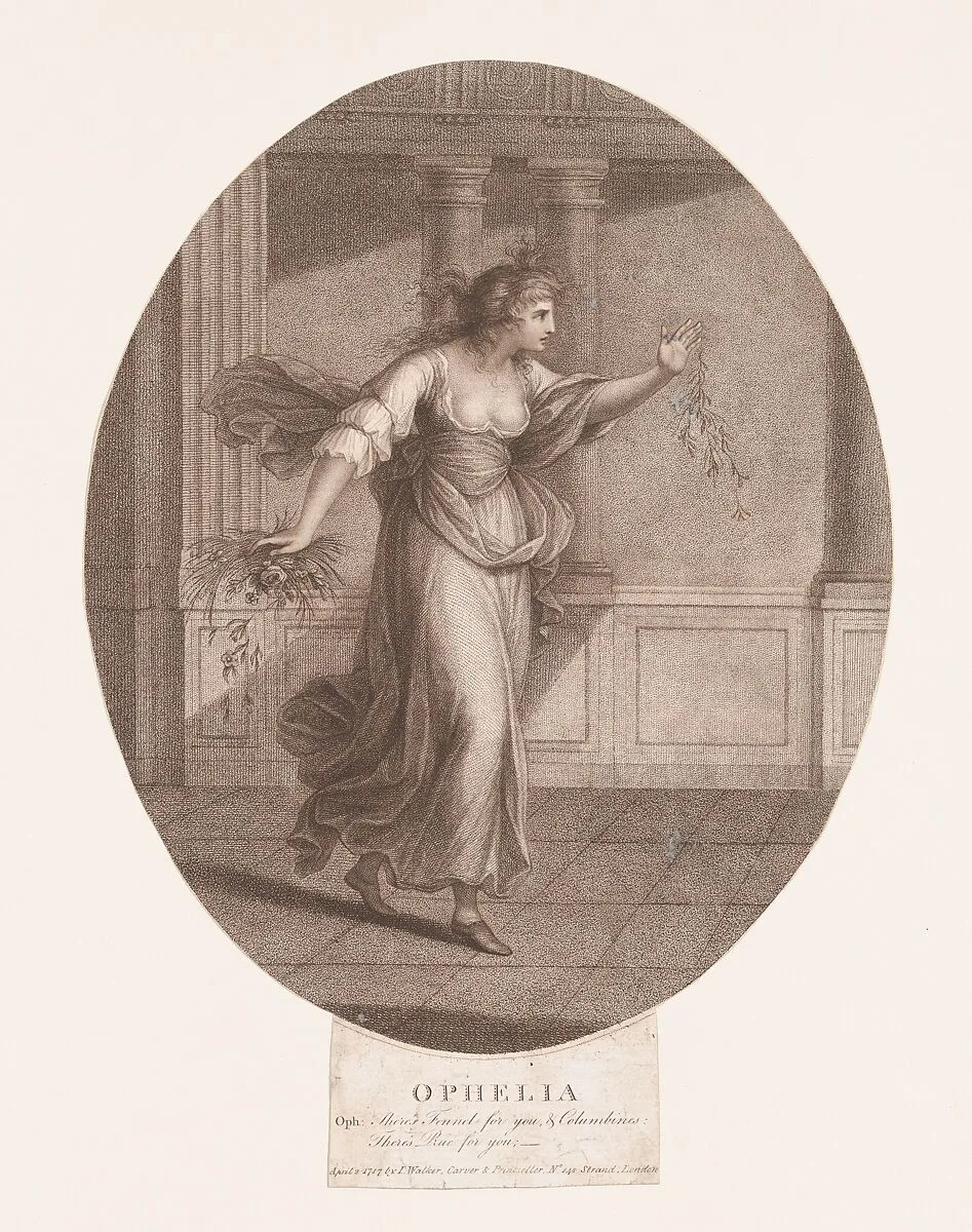 Ophelia: "There's fennel for you, and columbines" (Shakespeare, Hamlet, Act 4, Scene 5) — William Wynne Ryland|Giovanni Battista Cipriani|William Shakespeare|John Walker