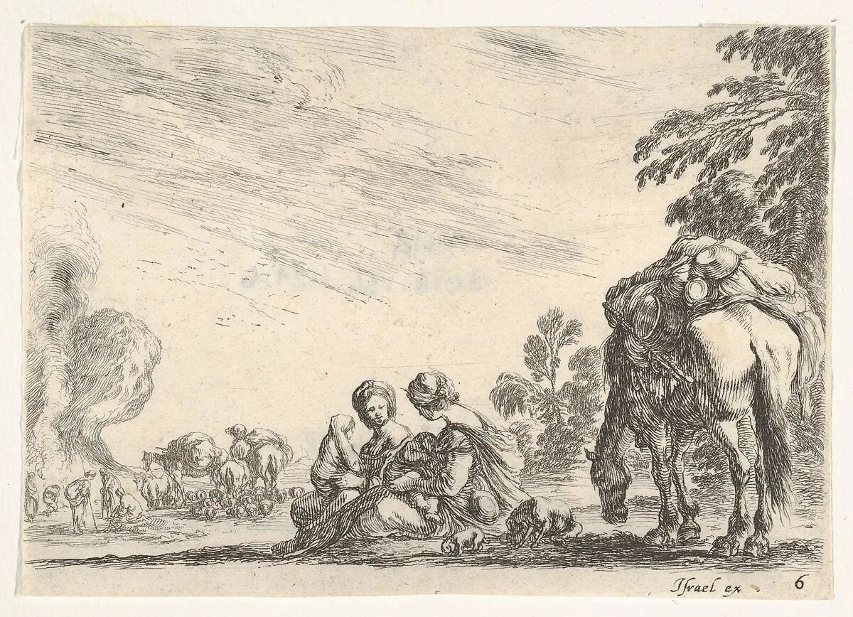 Plate 6: two women, one nursing a child, seated next to a dog and a horse carrying a pack, horses and figures to left in the background, from 'Various Figures' (Agréable diversité de figures) — Stefano della Bella|Israël Henriet