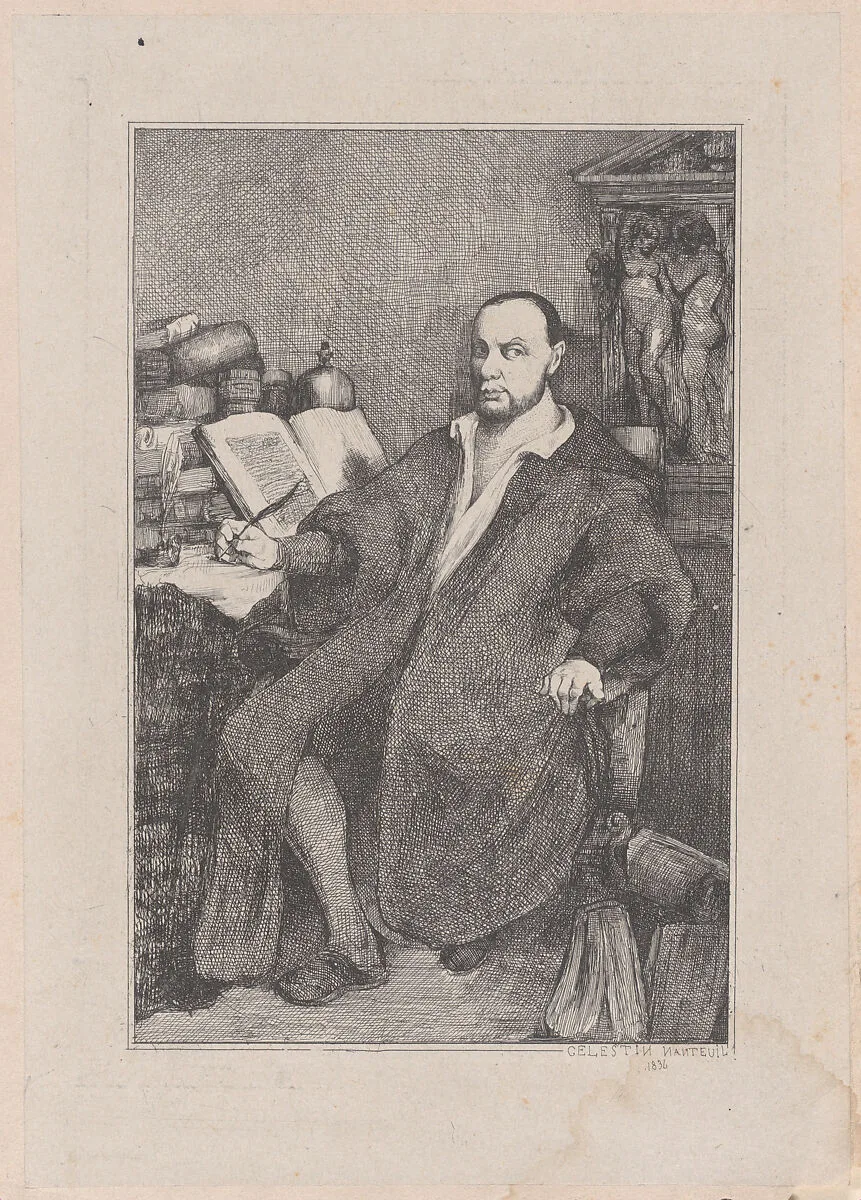Seated Man with Quill in his Right Hand at Desk Littered with Books — Célestin Nanteuil