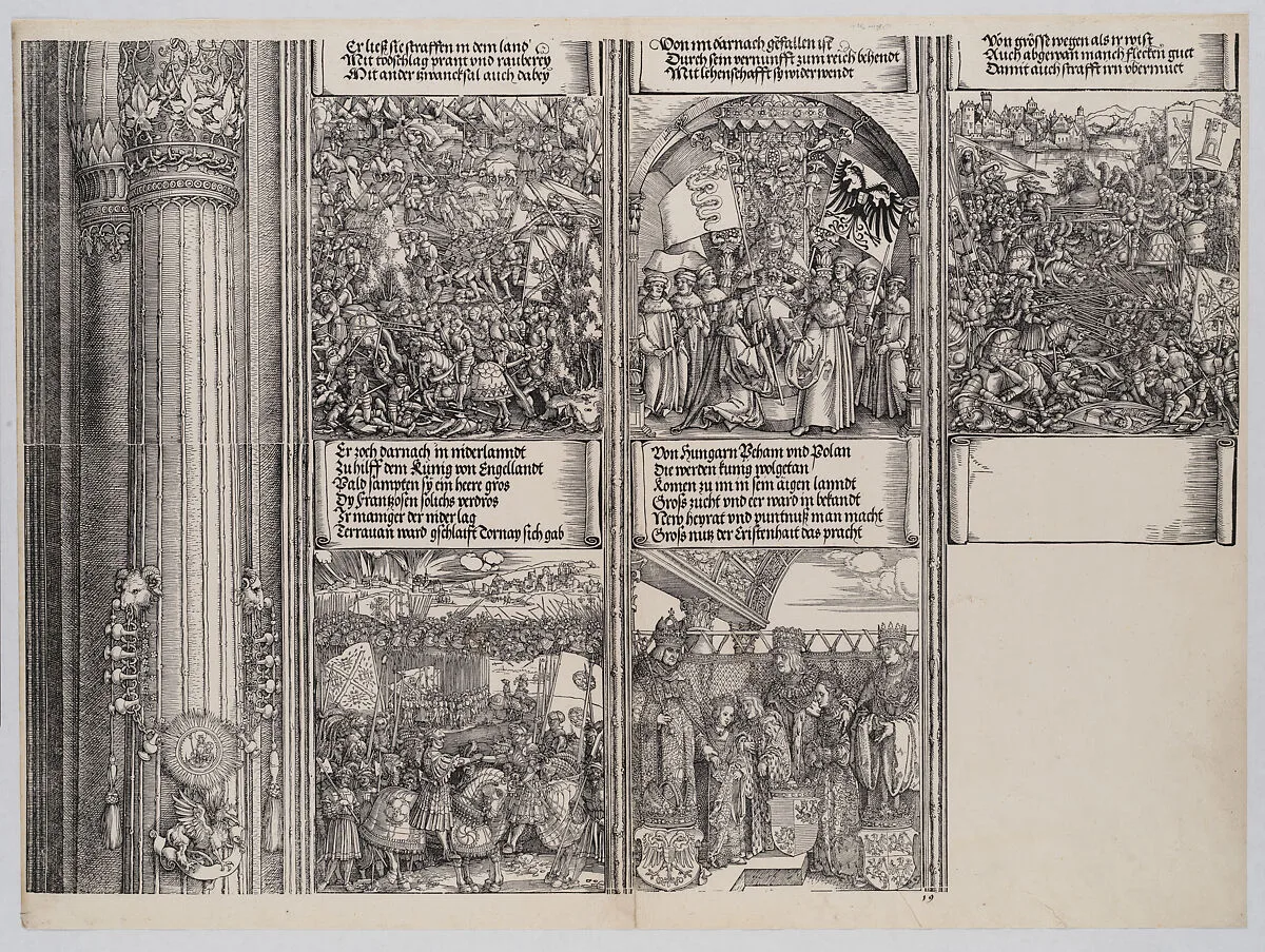 Maximilian's Alliance with Henry VIII; The Double Wedding in Vienna; The Campaign in Gelderland; The Investiture of Massimiliano Sforza as Duke of Milan; and The Venetian War, from the Arch of Honor, proof, dated 1515, printed 1517-18 — Albrecht Dürer|Hans Springinklee|Hieronymus Andreae