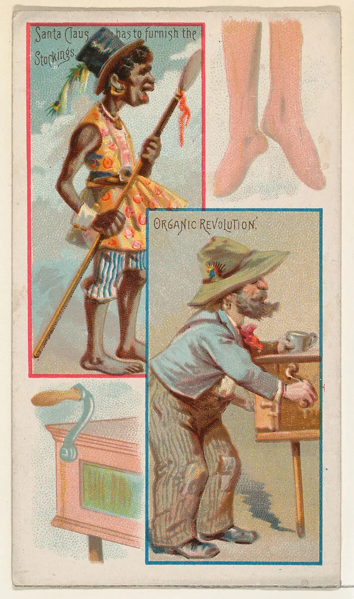 Caricatured figures / Santa Claus has to Furnish the Stockings / Organic Revolution, from the Jokes series (N118) issued by Duke Sons & Co. to promote Honest Long Cut Tobacco — George S. Harris & Sons|American Tobacco Company|W. Duke, Sons & Co.