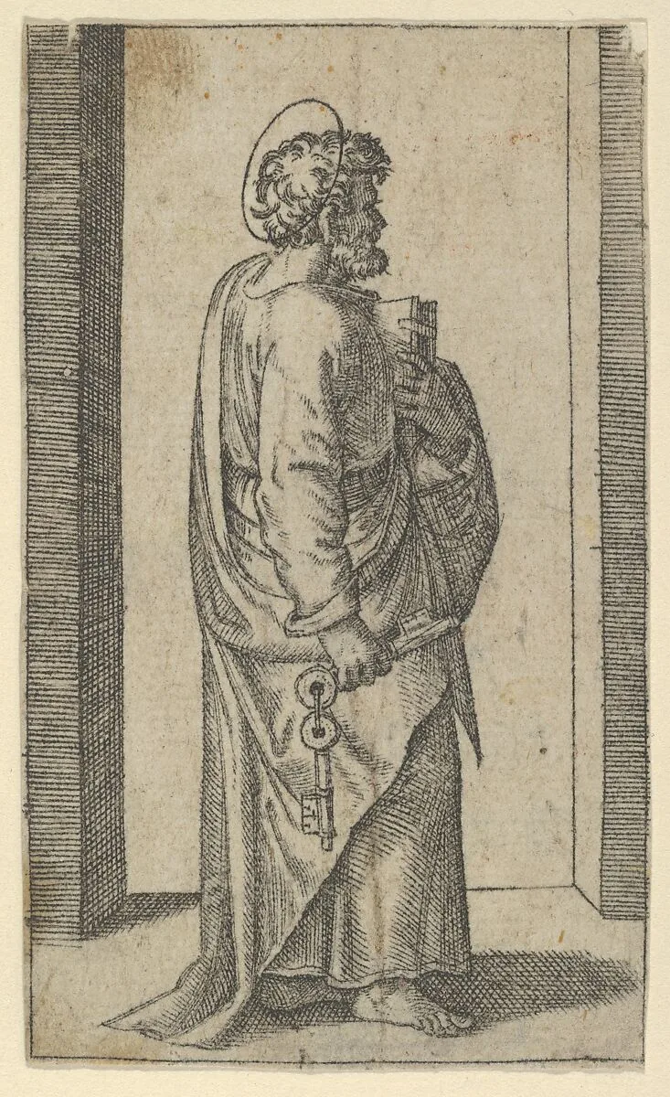Saint Peter, keys in right hand, book in left, facing right, from "Piccoli Santi" (Small Saints) — Marcantonio Raimondi|Raphael (Raffaello Sanzio or Santi)