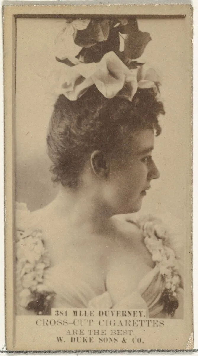 Card Number 384, Mlle. Duverney, from the Actors and Actresses series (N145-3) issued by Duke Sons & Co. to promote Cross Cut Cigarettes — W. Duke, Sons & Co.
