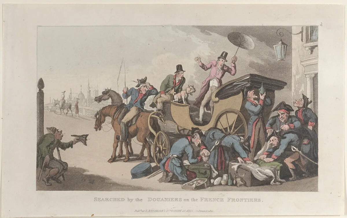 Searched by the Douaniers on the French Frontiers, from "Journal of Sentimental Travels in the Southern Provinces of France, Shortly Before the Revolution" — Thomas Rowlandson|William Combe|Rudolph Ackermann, London|J. Diggens
