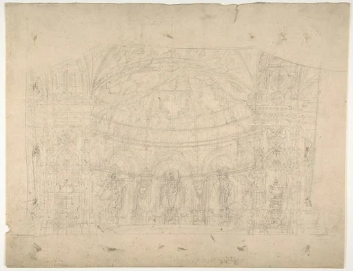 Design for a Stage Set at the Opéra, Paris: Domed Interior (recto); Sketches for Dome and Doors (verso)