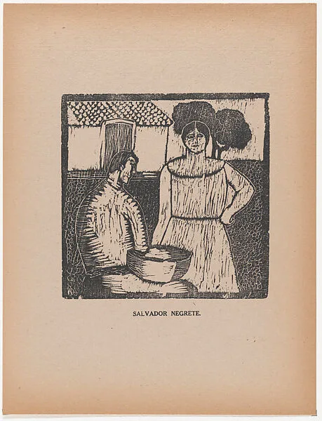 A seated man and a standing woman in front of a building, from the portfolio 'Los pequeños grabadores en madera, alumnos de la Escuela Preparatoria de Jalisco' (Guadalajara, Mexico 1925). — Salvador Negrete