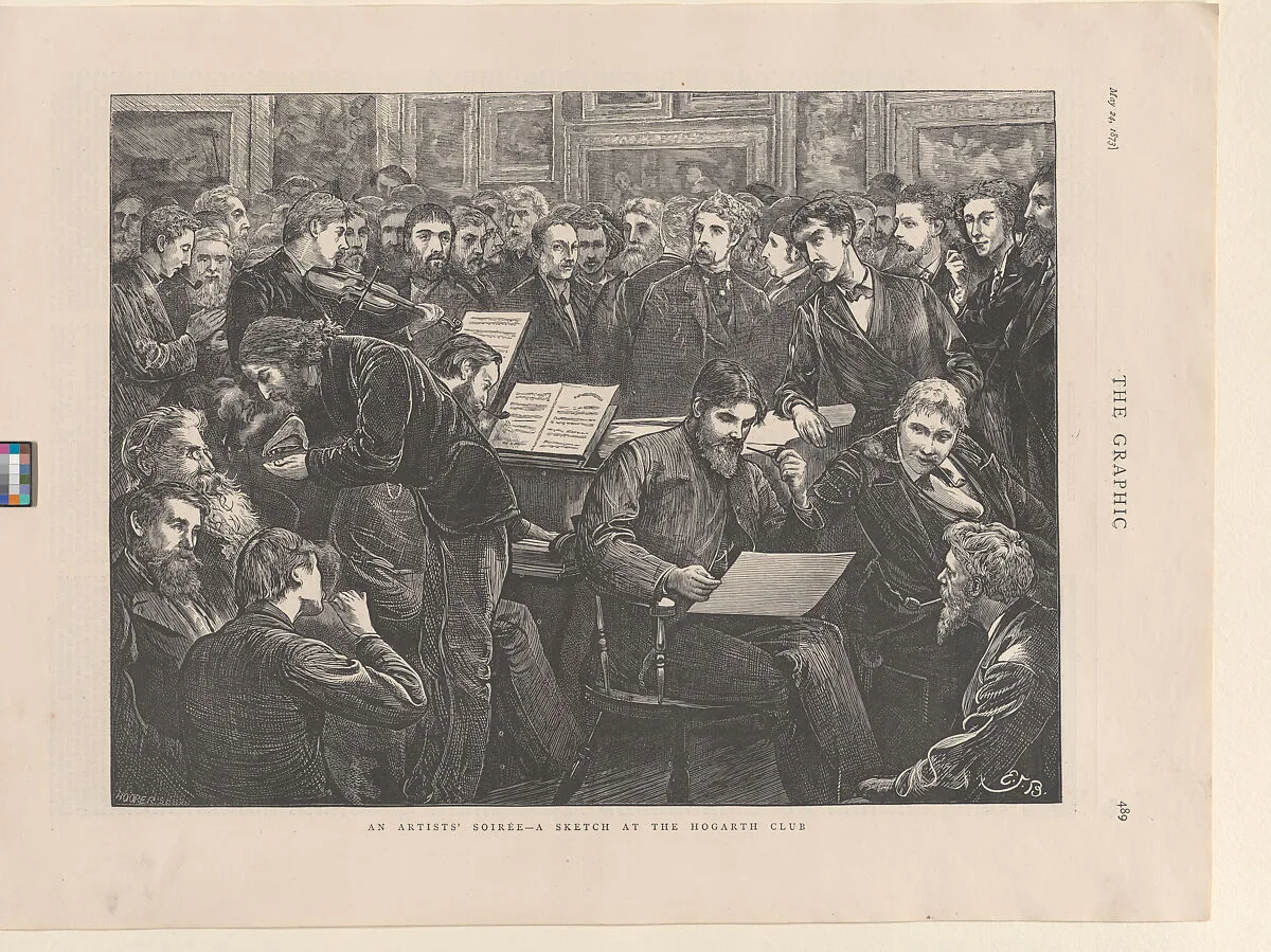 An Artists' Soirée–A Sketch at the Hogarth Club, from "The Graphic," p. 489 — William Harcourt Hooper|Edward Frederick Brewtnall|Sir Frederic William Burton|James McNeill Whistler|Sir Hubert von Herkomer|Frederick Walker|Edward John Gregory|Henry Stacy Marks