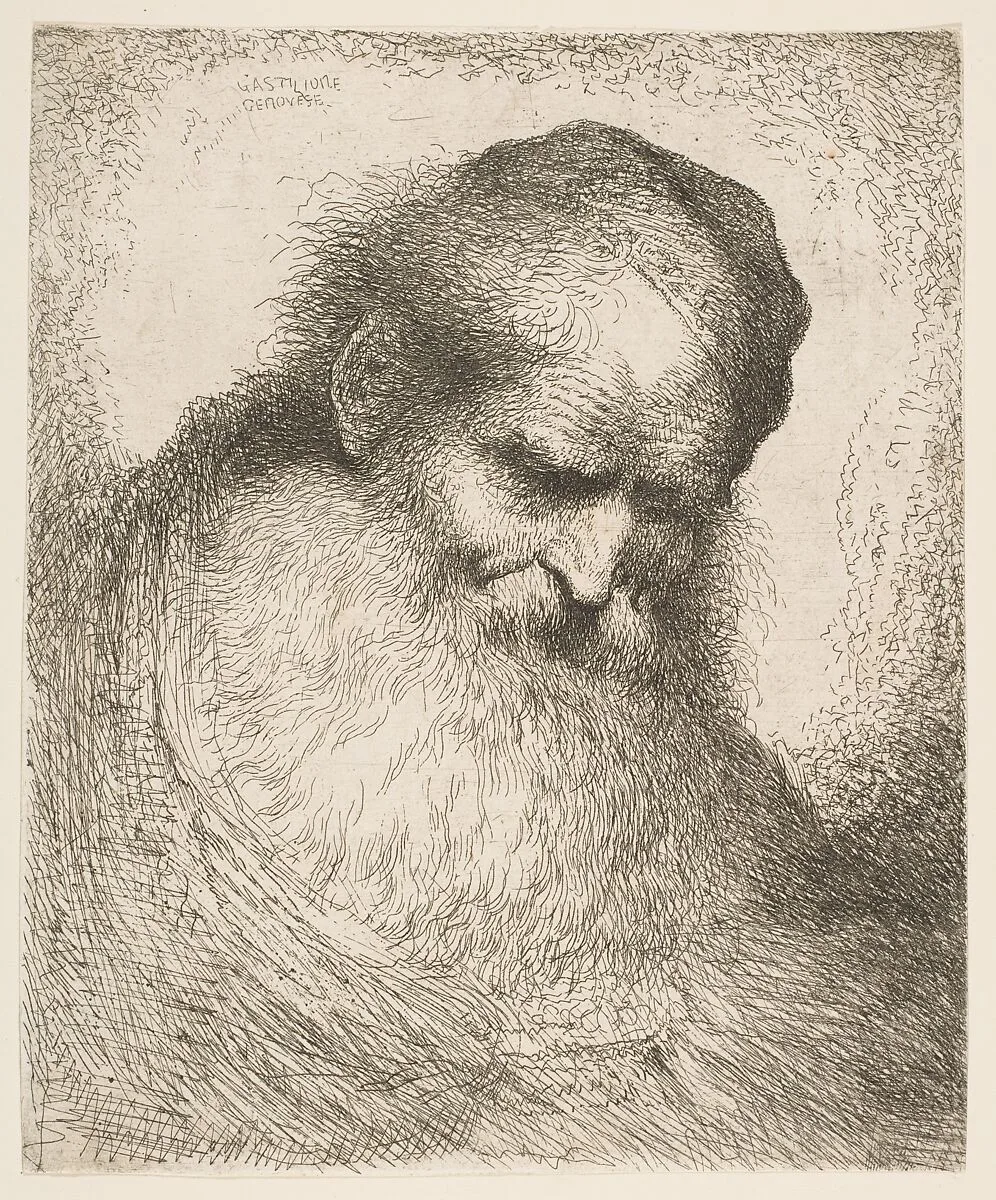 A bearded man wearing a cap looking down to the right, from "Heads in Oriental Headdress" — Giovanni Benedetto Castiglione (Il Grechetto)