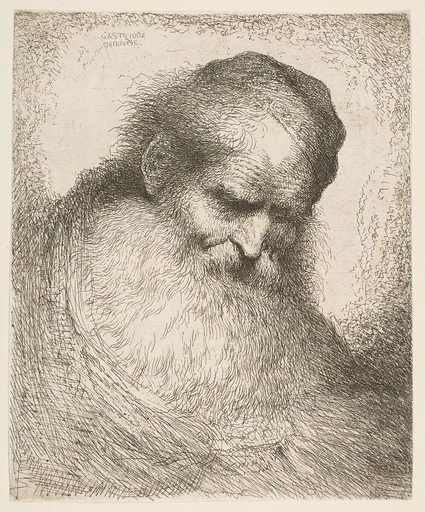 A bearded man wearing a cap looking down to the right, from "Heads in Oriental Headdress"