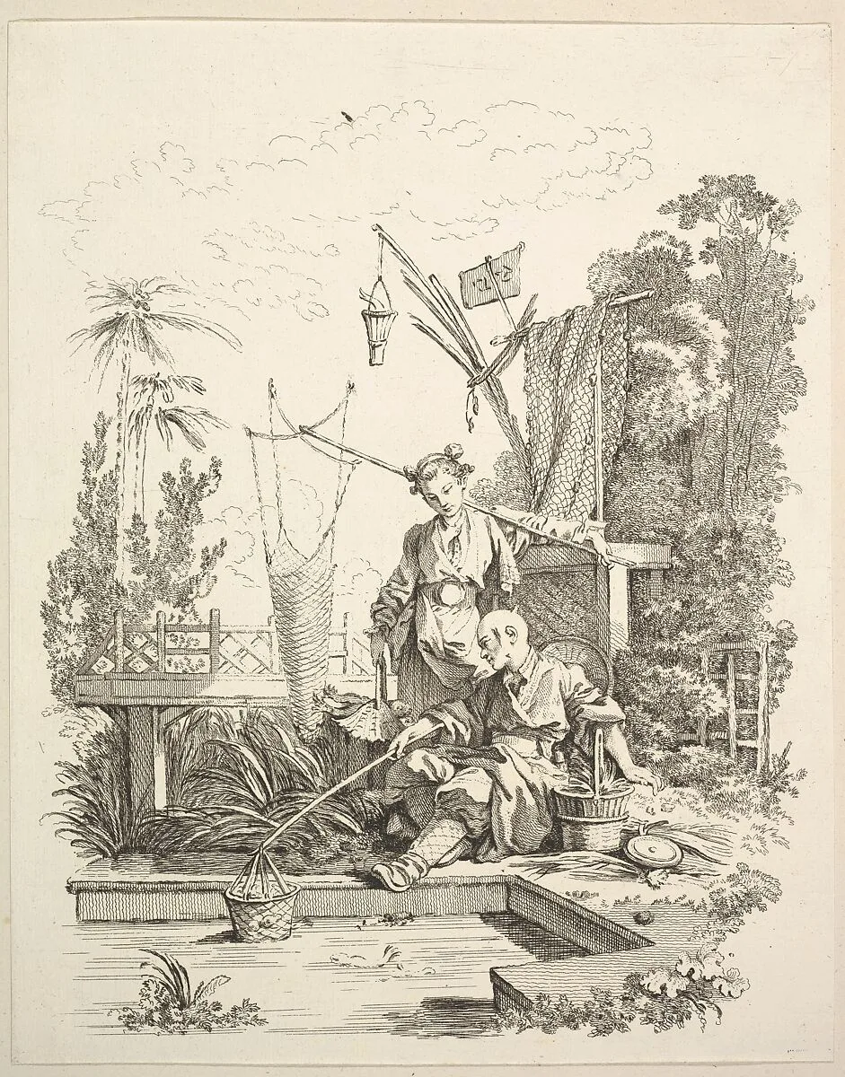A Chinese Man and Woman Fishing by a Fishpond — Gabriel Huquier|François Boucher